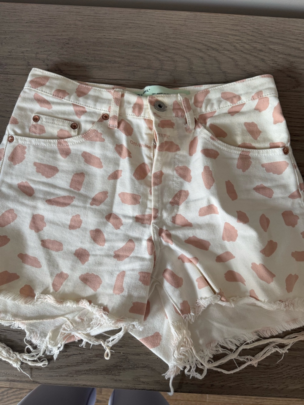 Off-White White Denim Shorts with Blush Spot Print
